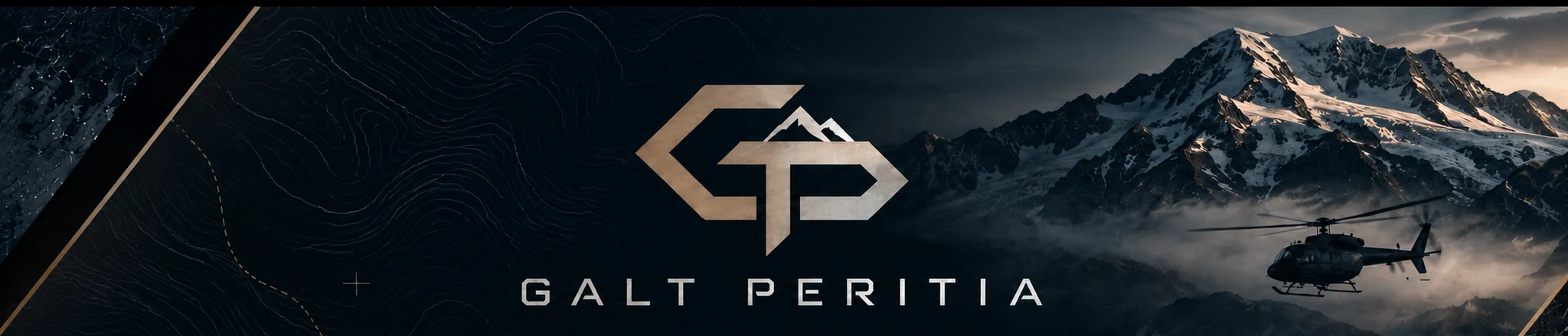 Galt Peritia mountain aviation artwork with a helicopter over alpine terrain